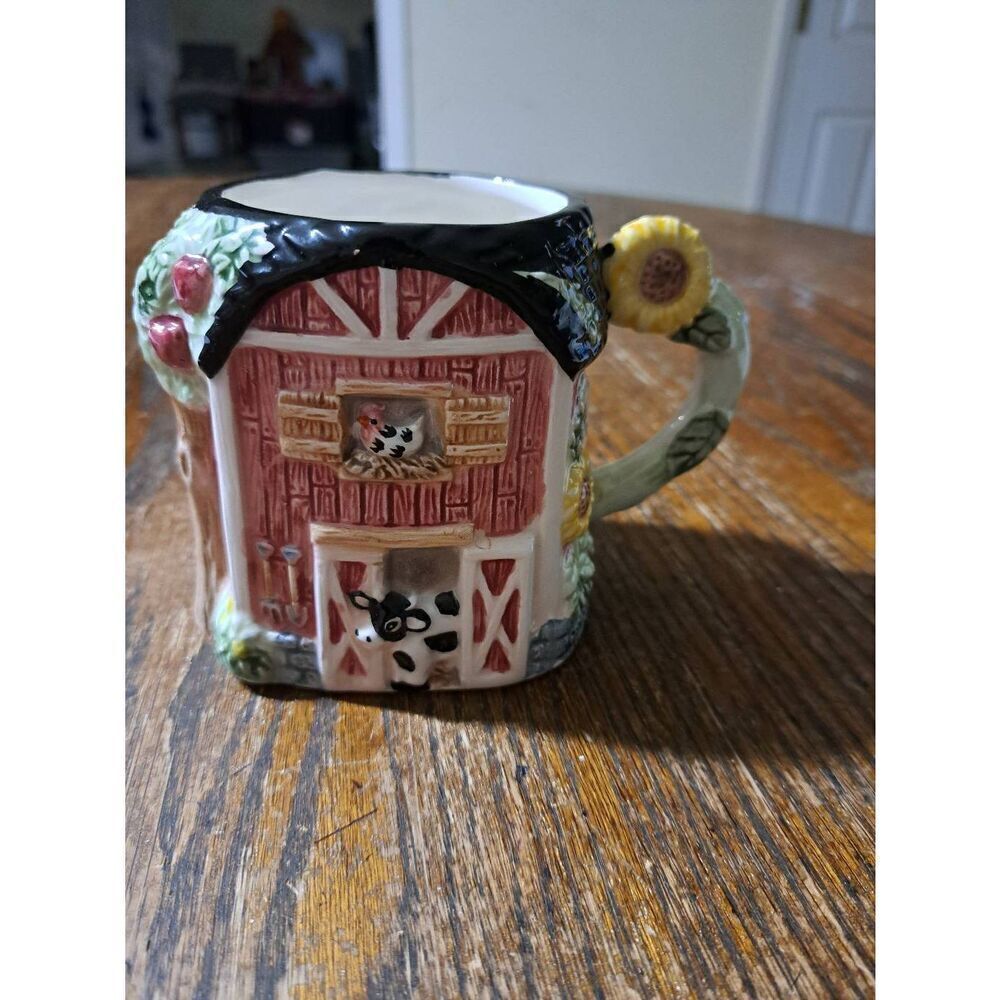 Wangs Adorable Barn Farmhouse Coffee Cup Mug Sunflower Handle Country